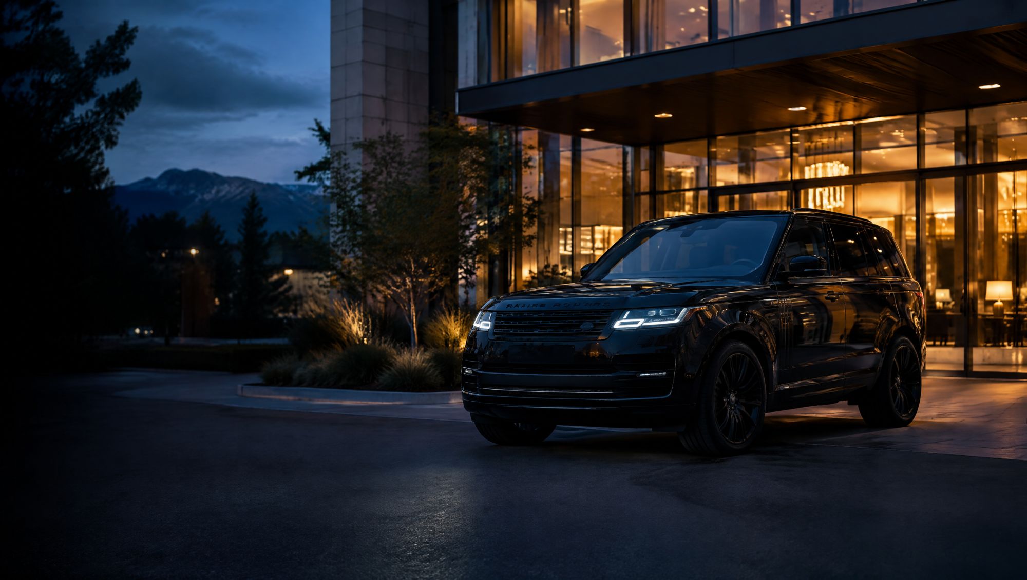 Black SUV outside an office entrance at blue hour