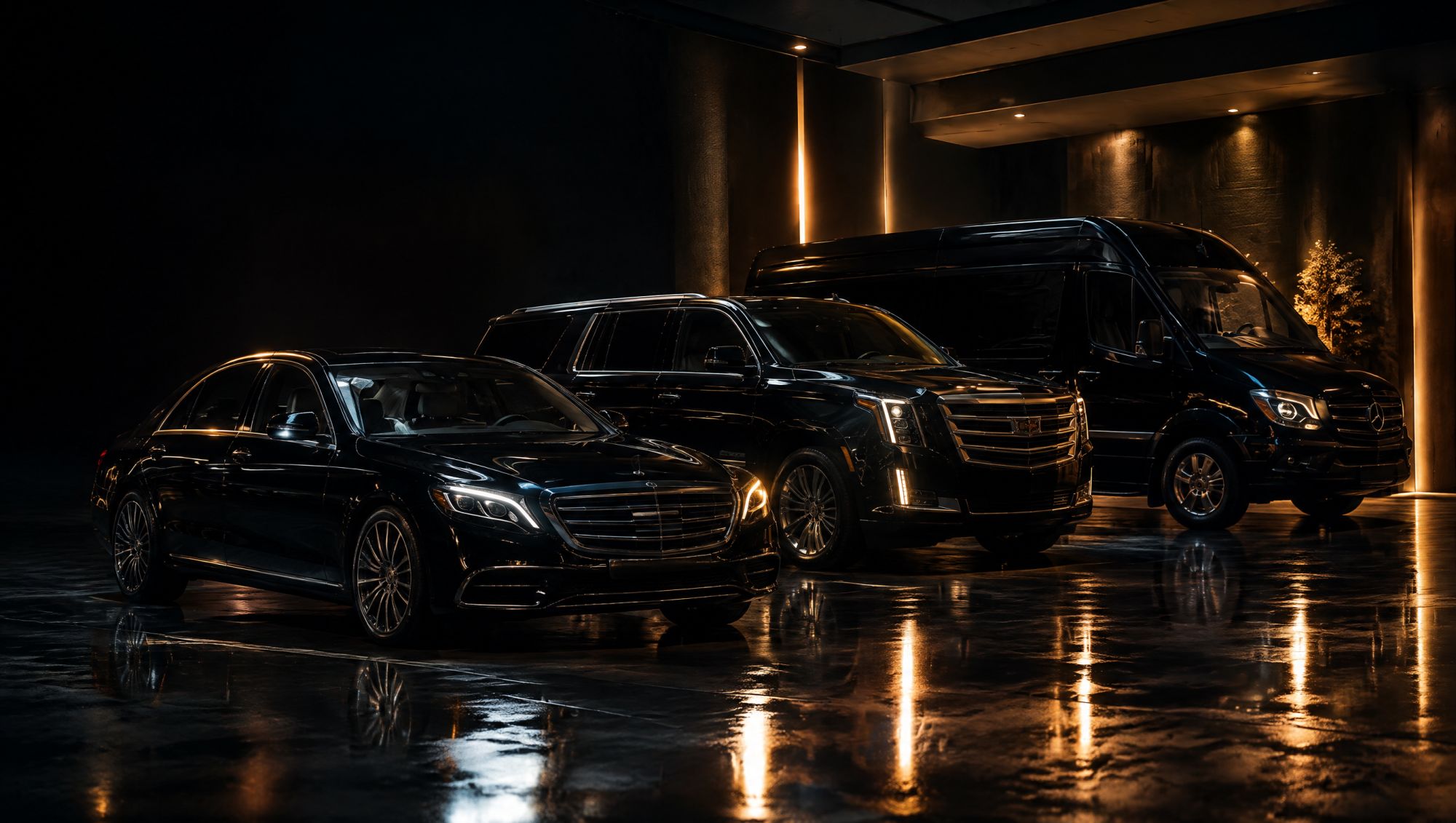 Black sedan, SUV and Sprinter van lined up under gold spotlights