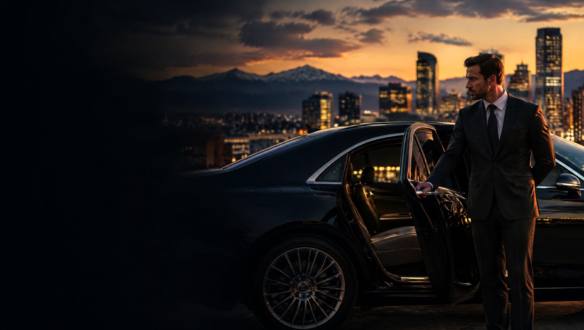 Chauffeur holding open the rear door of a black sedan at dusk in Denver
