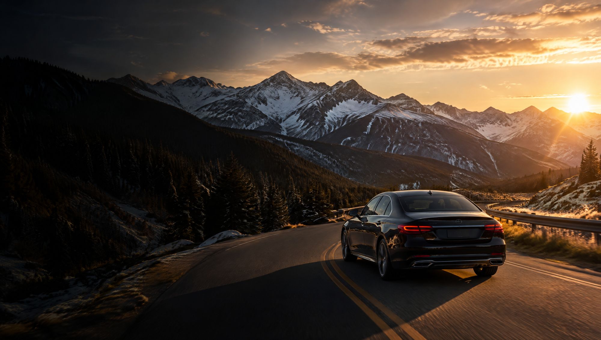 Black sedan on a Colorado mountain highway at golden hour