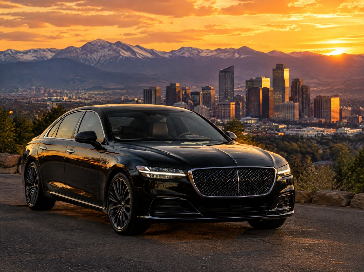 Black sedan on an overlook with the Denver skyline and Rocky Mountains at sunset