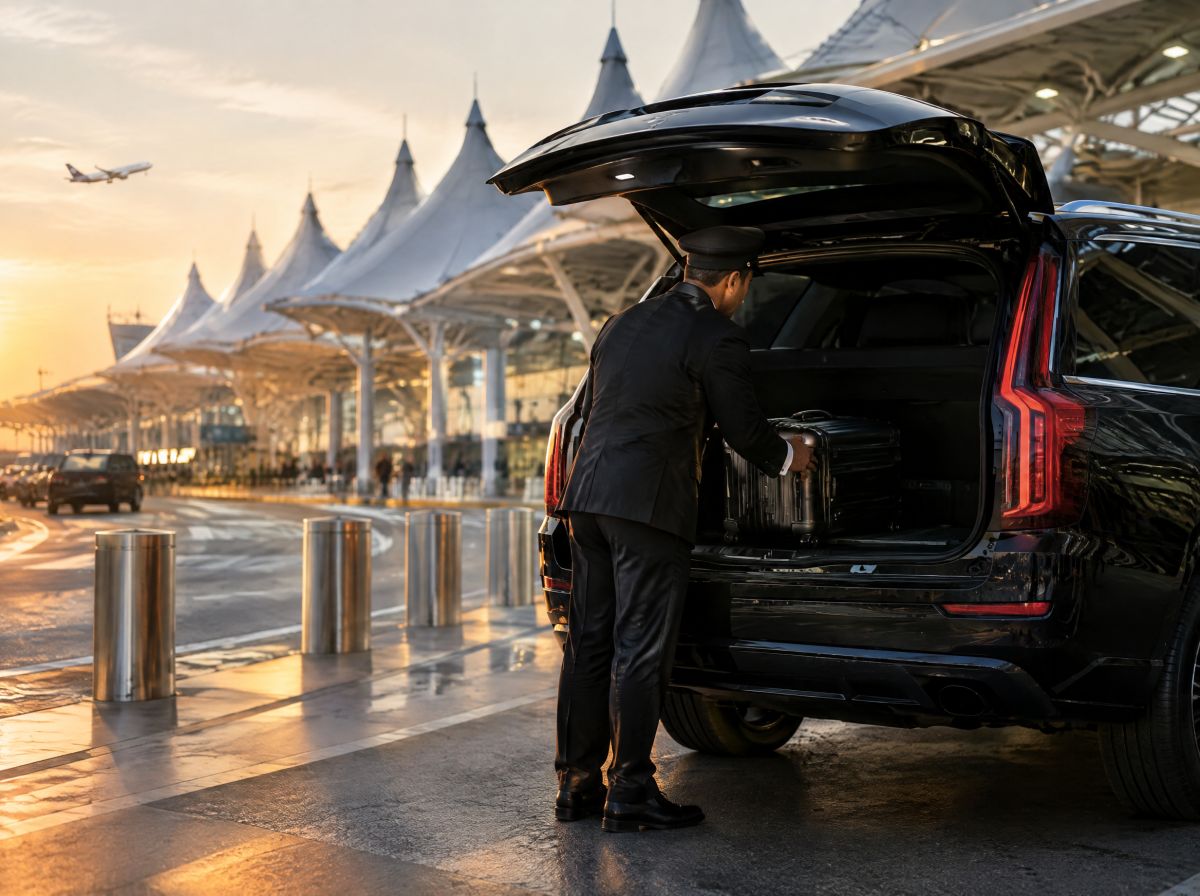 Chauffeur loading luggage into a black SUV at the airport curb