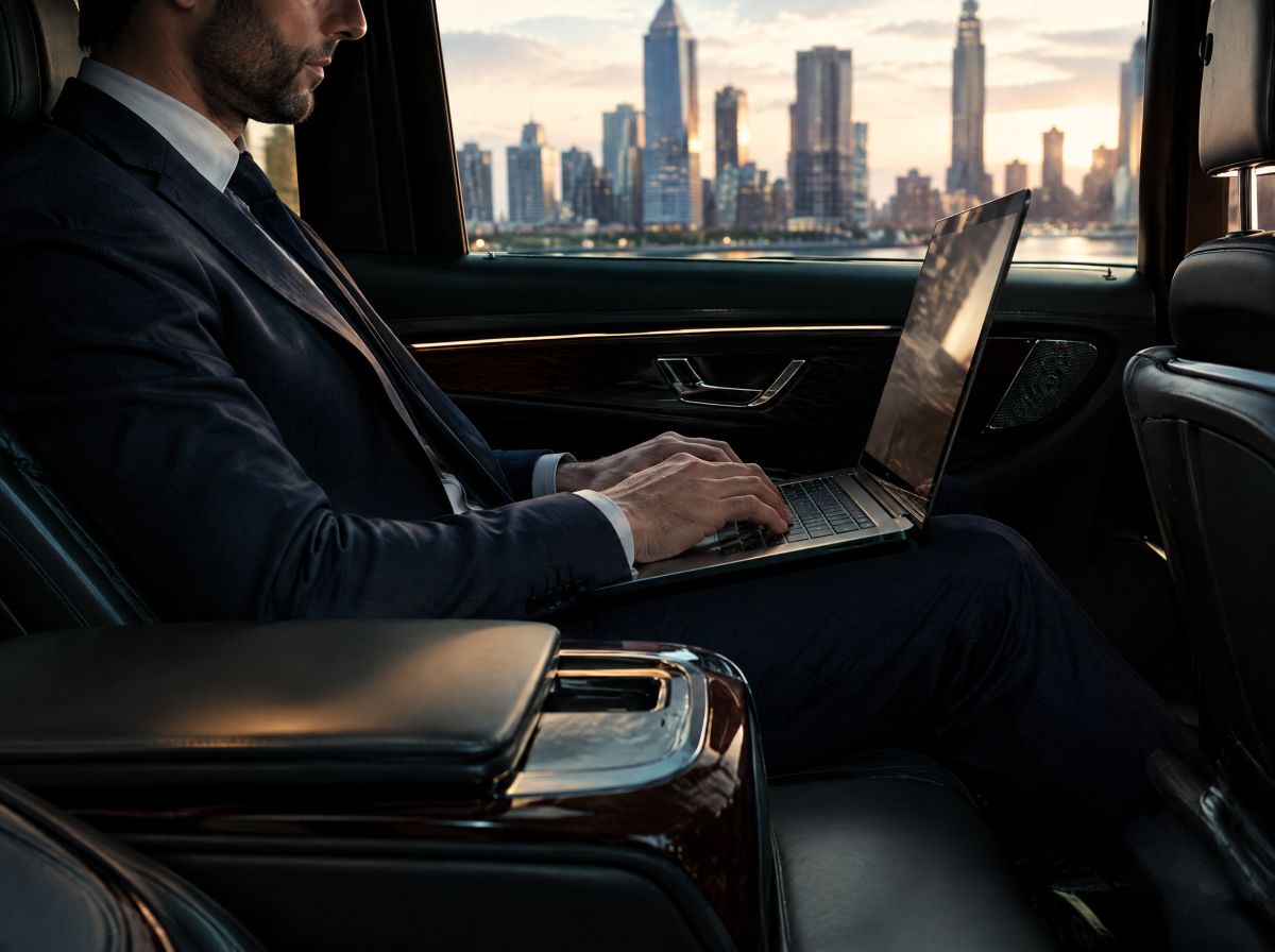 Executive working on a laptop in the back of a chauffeured sedan