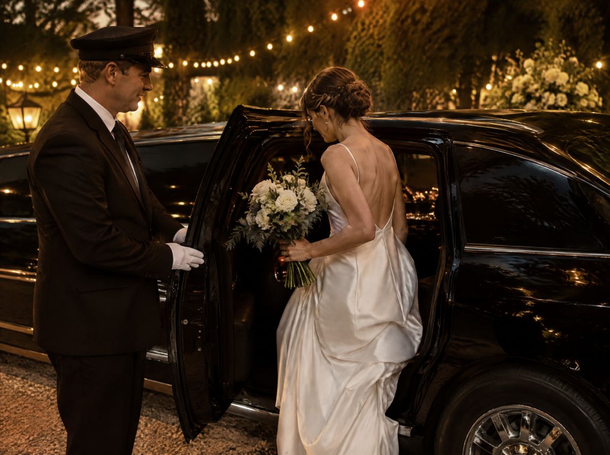Bride stepping into a stretch limousine held open by a chauffeur