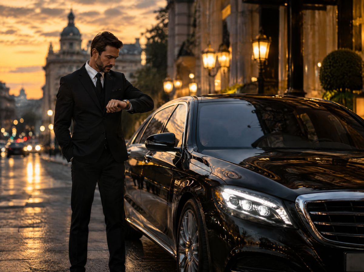 Chauffeur checking a wristwatch beside a black sedan